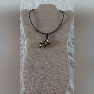New Handmade Gold Pearl & Black Leather Necklace